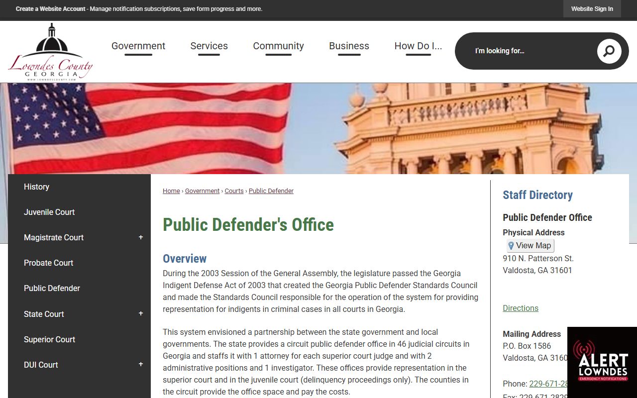 Lowndes County Public Defender page with contact information