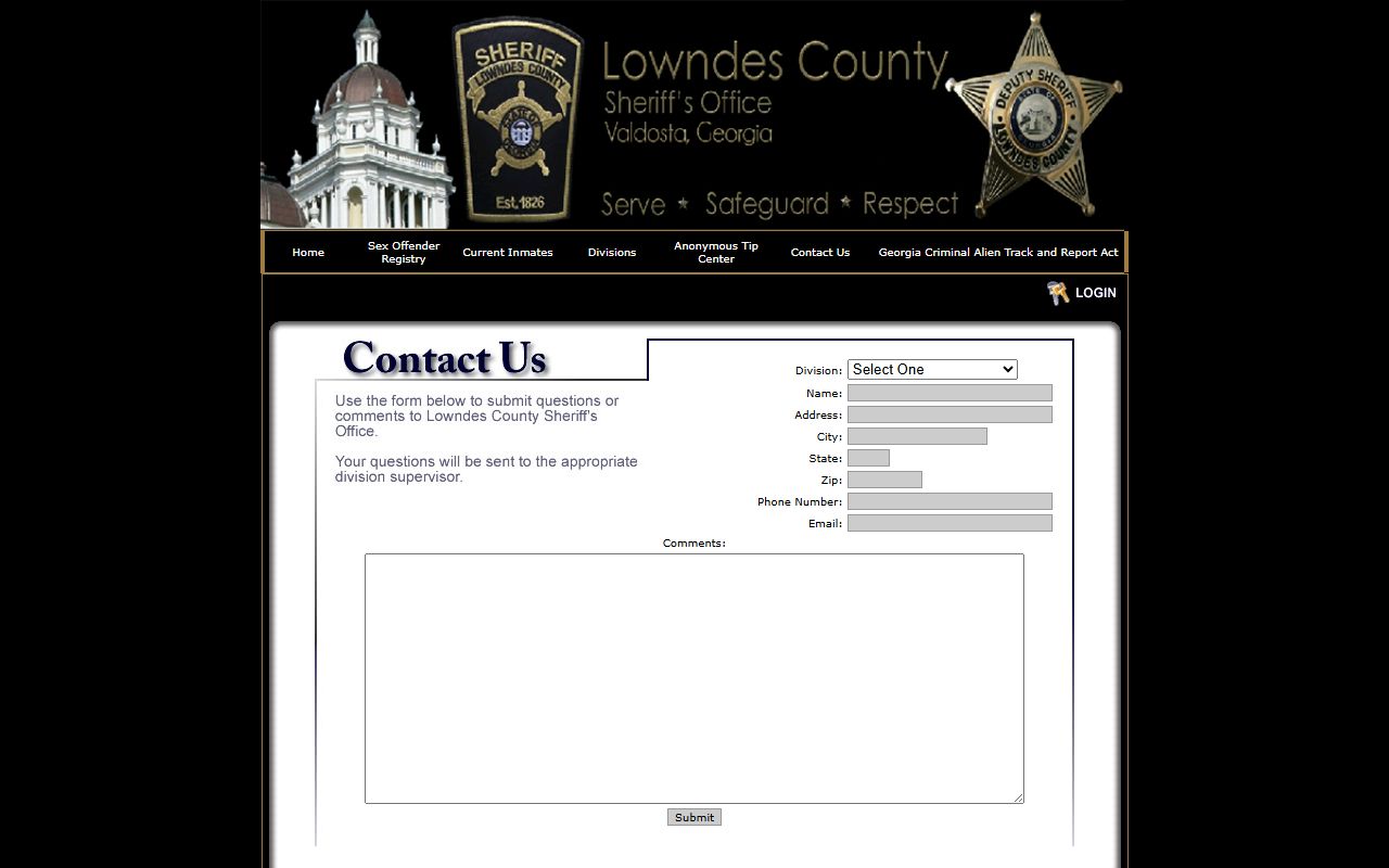 Lowndes County Sheriff's Office contact form with division options
