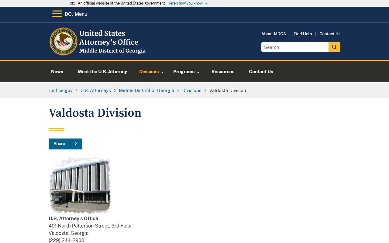 U.S. Attorney Middle District of Georgia Valdosta Division page