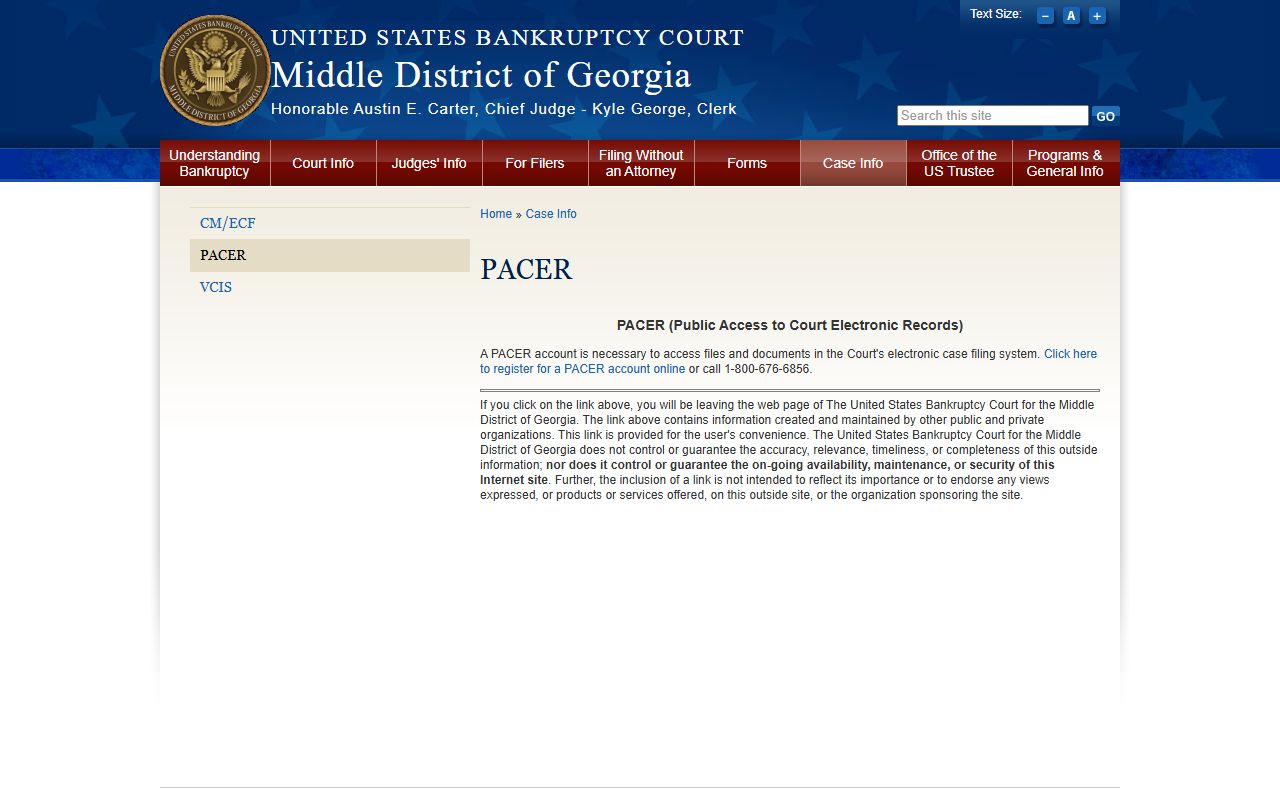 Bankruptcy Court PACER information page for federal bankruptcy records