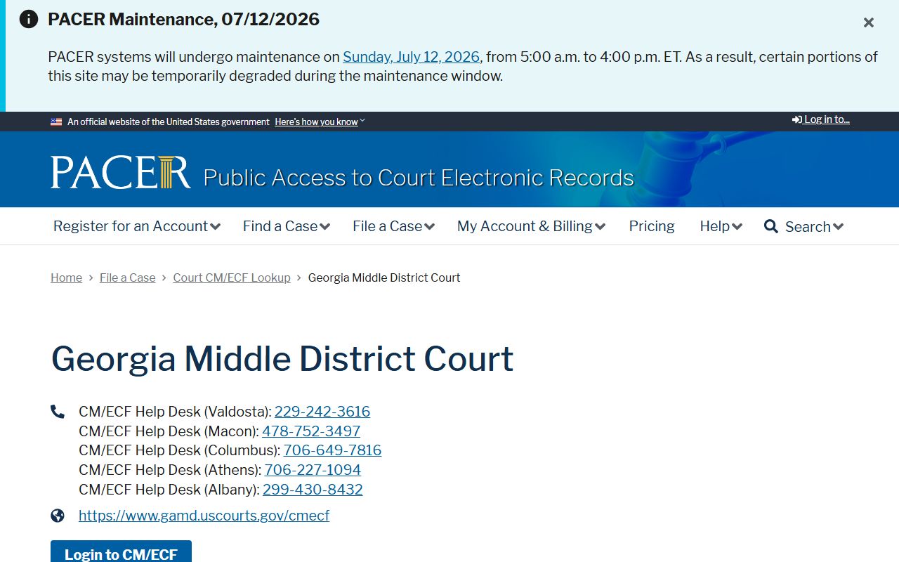 PACER court lookup for Georgia Middle District CM/ECF dockets