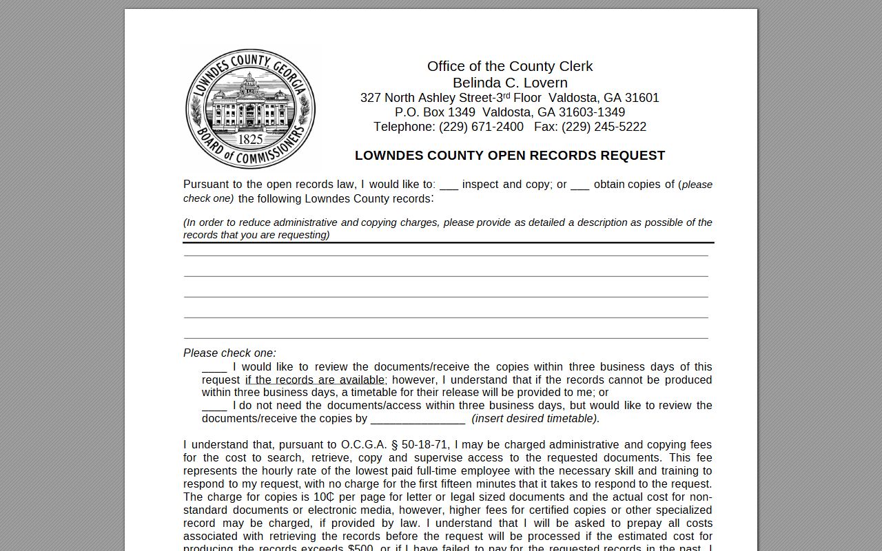 Lowndes County open records request form with fee and timing instructions