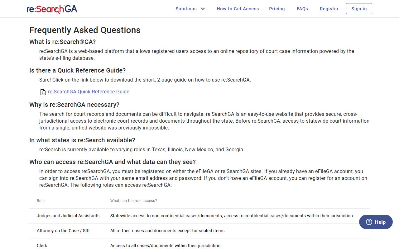 re:SearchGA FAQ page for Georgia court record searches