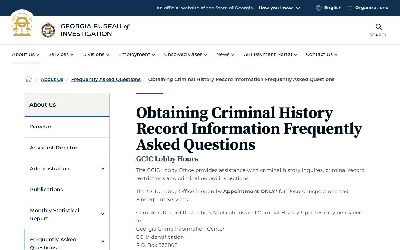 GBI criminal history FAQ page for Georgia record access