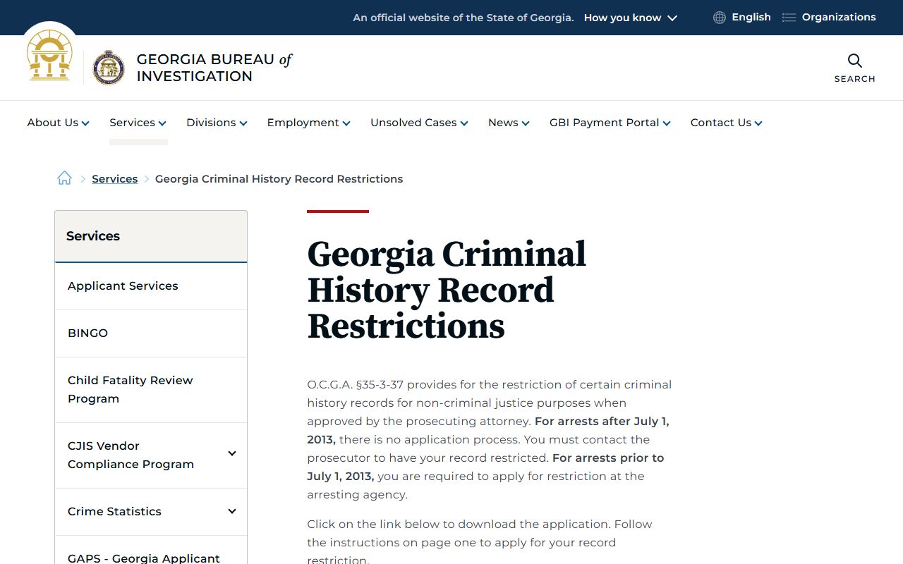 GBI criminal history record restriction page for Georgia