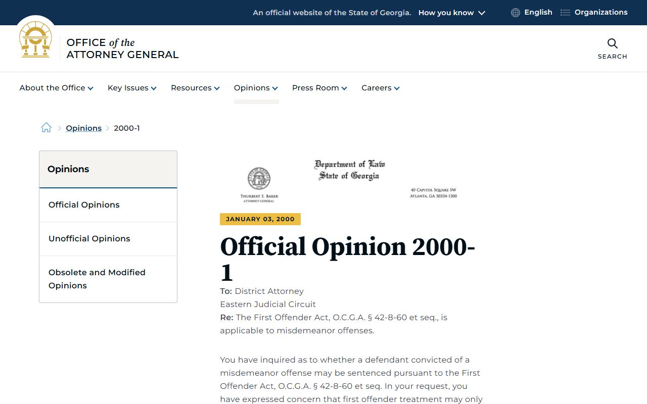 Georgia First Offender Act legal opinion reference