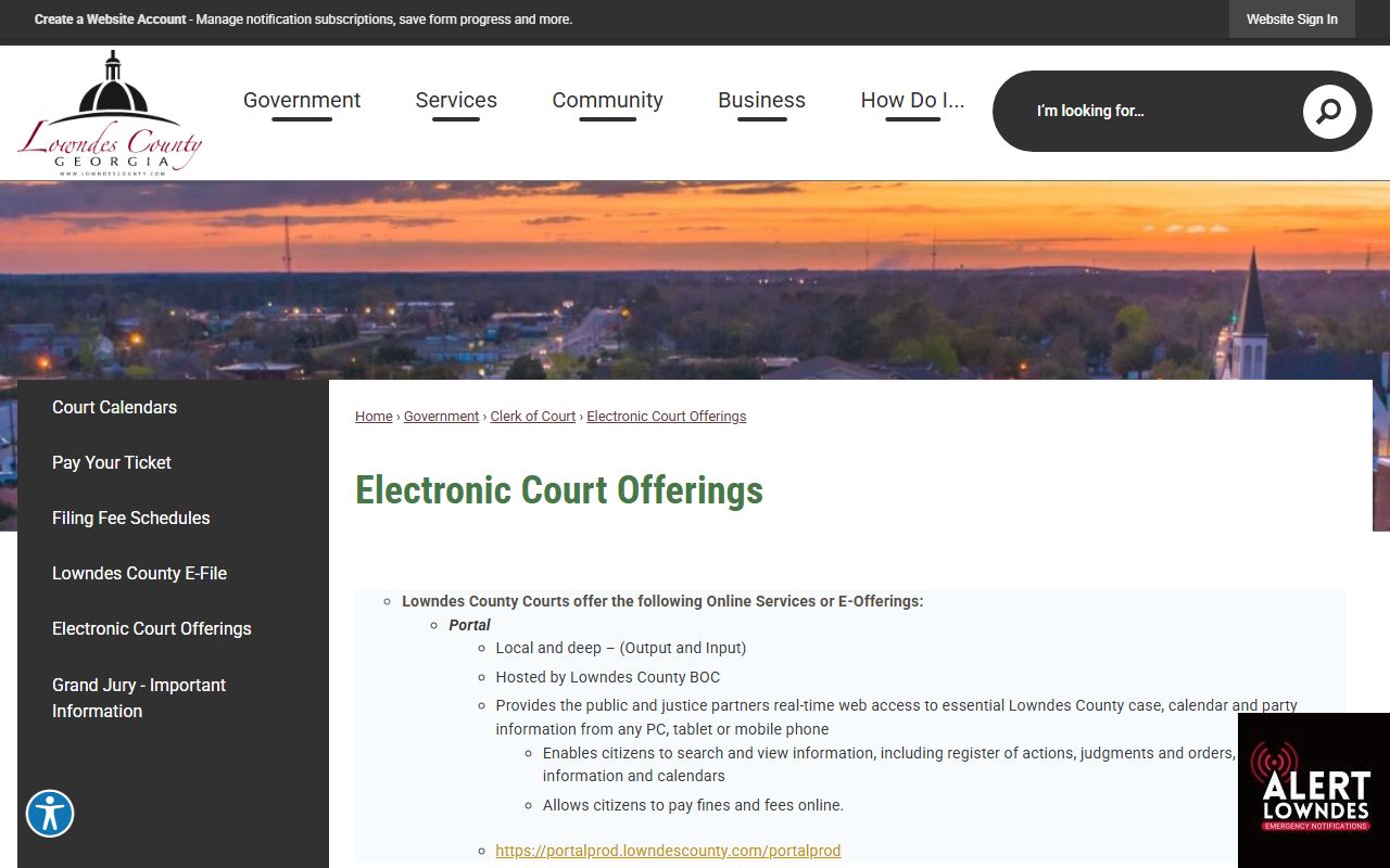 Lowndes County Court records electronic court offerings page