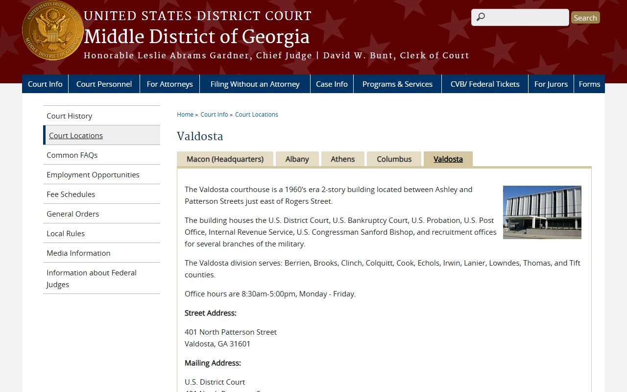 Lowndes County federal court records Valdosta office page