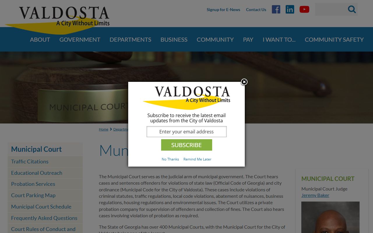 Lowndes County traffic court records Valdosta Municipal Court page