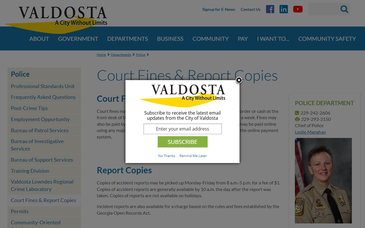 Lowndes County traffic court records Valdosta police court fines and report copies
