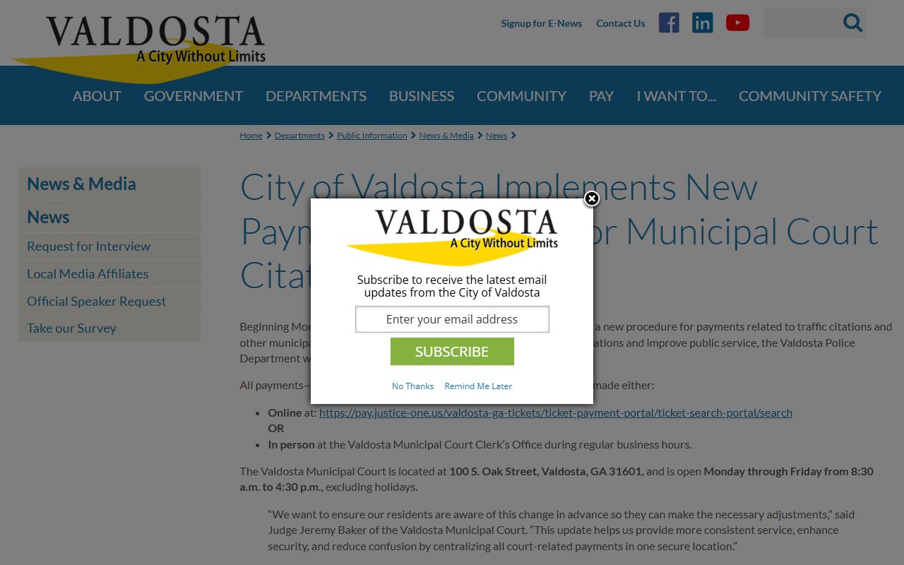 Lowndes County traffic court records Valdosta 2025 payment procedure change